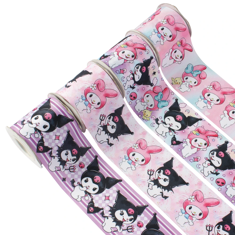 5Yards Kuromi and My Melody Ribbon Printed Sanrio Cartoon Grosgrain Ribbons 75mm Flower Ribbon for Sewing Accessories DIY Bows