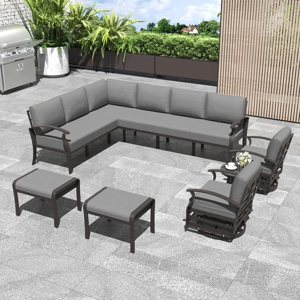 

Patio Furniture Set 10-Piece Aluminum Sectional Sofa With Armrest, Modern Outdoor Conversation Set, Metal Corner Sofa With