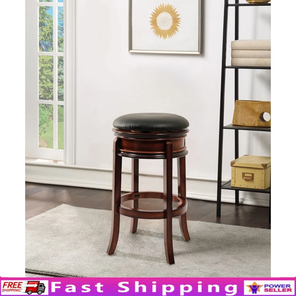 

29in Swivel Backless Bar Stool Hardwood Construction Black Faux Leather Seat Kitchen Dining Room Footrest Stability Ring