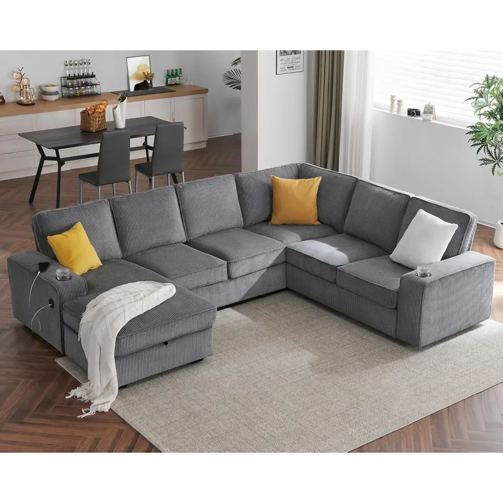 Oversized Sofa, 112 Inch U Shaped Sofa with USB Ports,with Storage Chaise, Corduroy,Sectional Couch