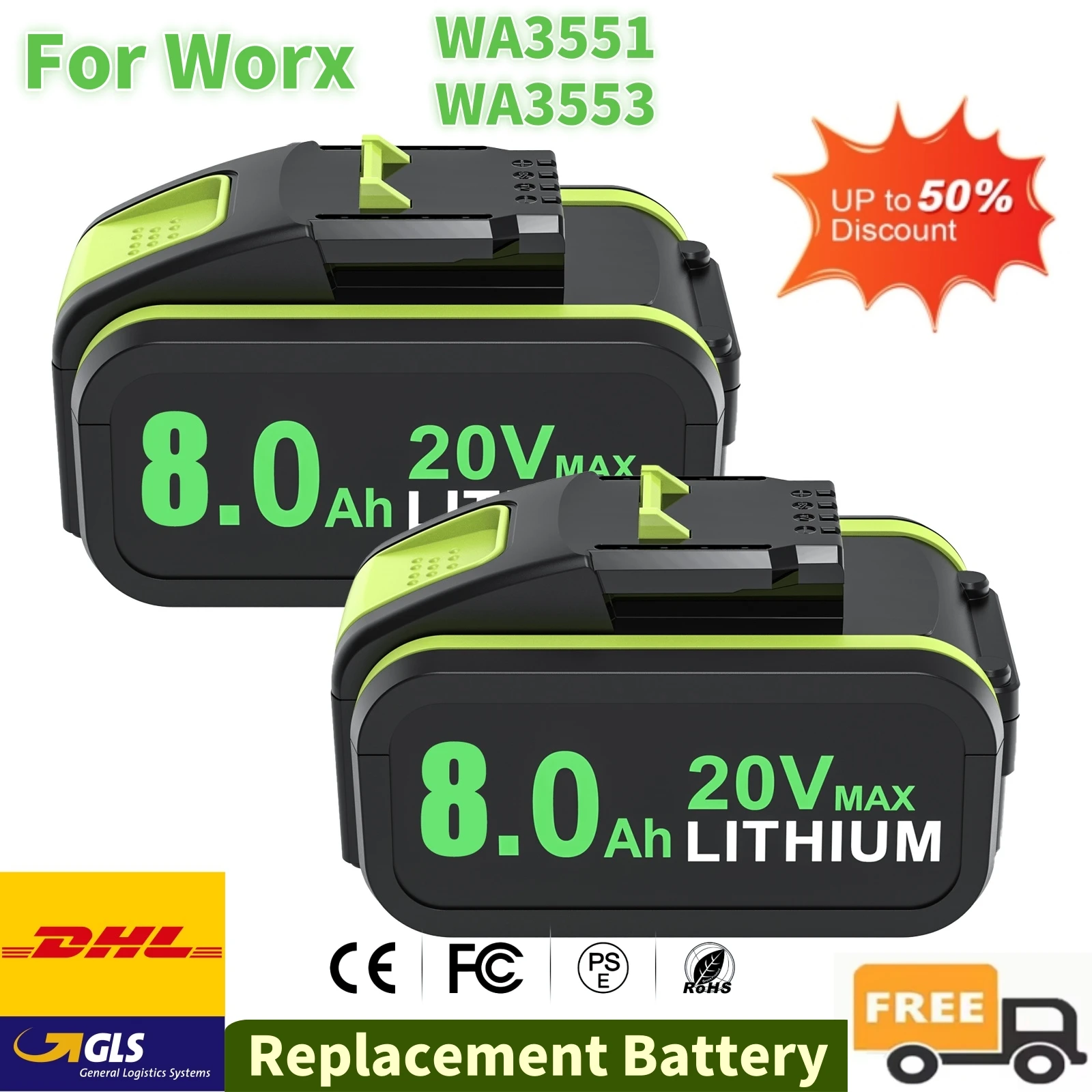 Per Worx WA3553/WA3551 20V 8000mAh Batteria per WA3572 WA3553 WX390 WX176 WX178 WU268 Cordless Strumento di Potere Batteria NUOVO