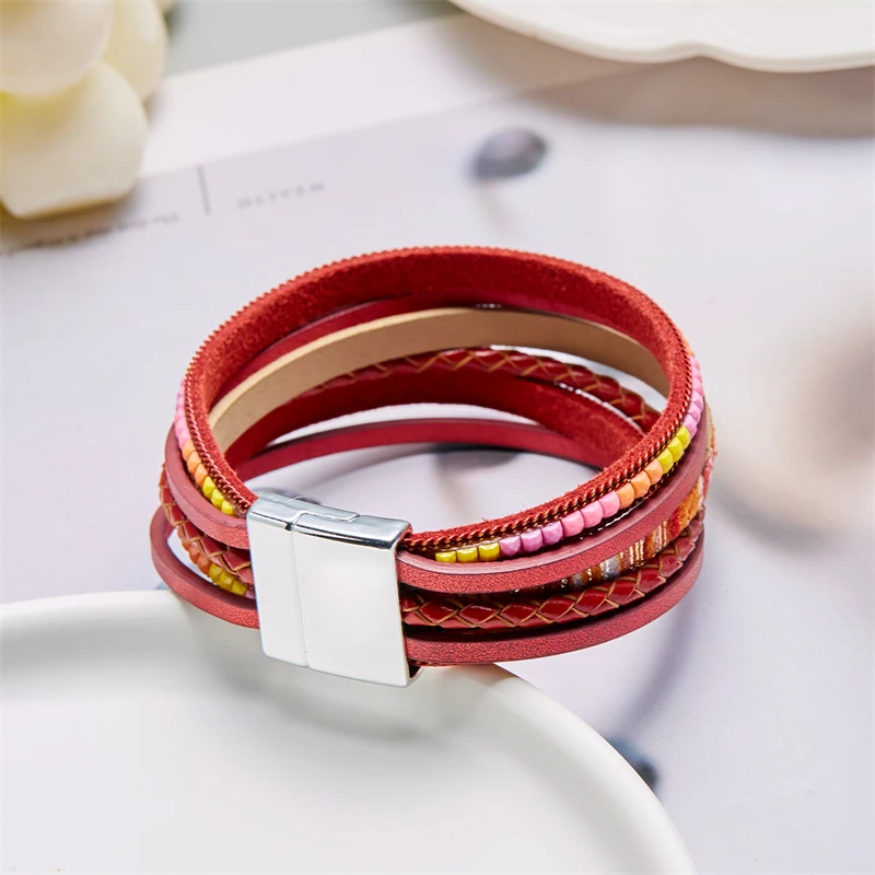 Böhmische Vintage mehr schicht ige Leder armbänder für Frauen hand gefertigte gewebte Leder breite Magnet verschluss Herren Armreif Modeschmuck – Detail 39