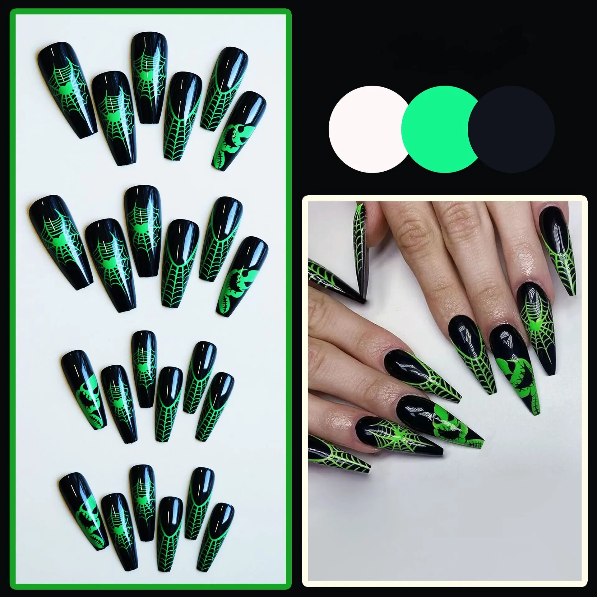 24Pcs/Set Halloween Long Ballet Fake Nails Art Bat green black Spider Web Artificial Acrylic Wearing False Nails Press on Nail