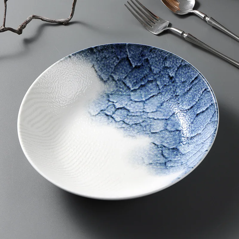 8 Inch Ins Style Ceramic Dinner Plate Nordic Light‑Luxury Splashed Blue Iridescent Dish 4‑6Pcs Household Wedding Birthday Gift