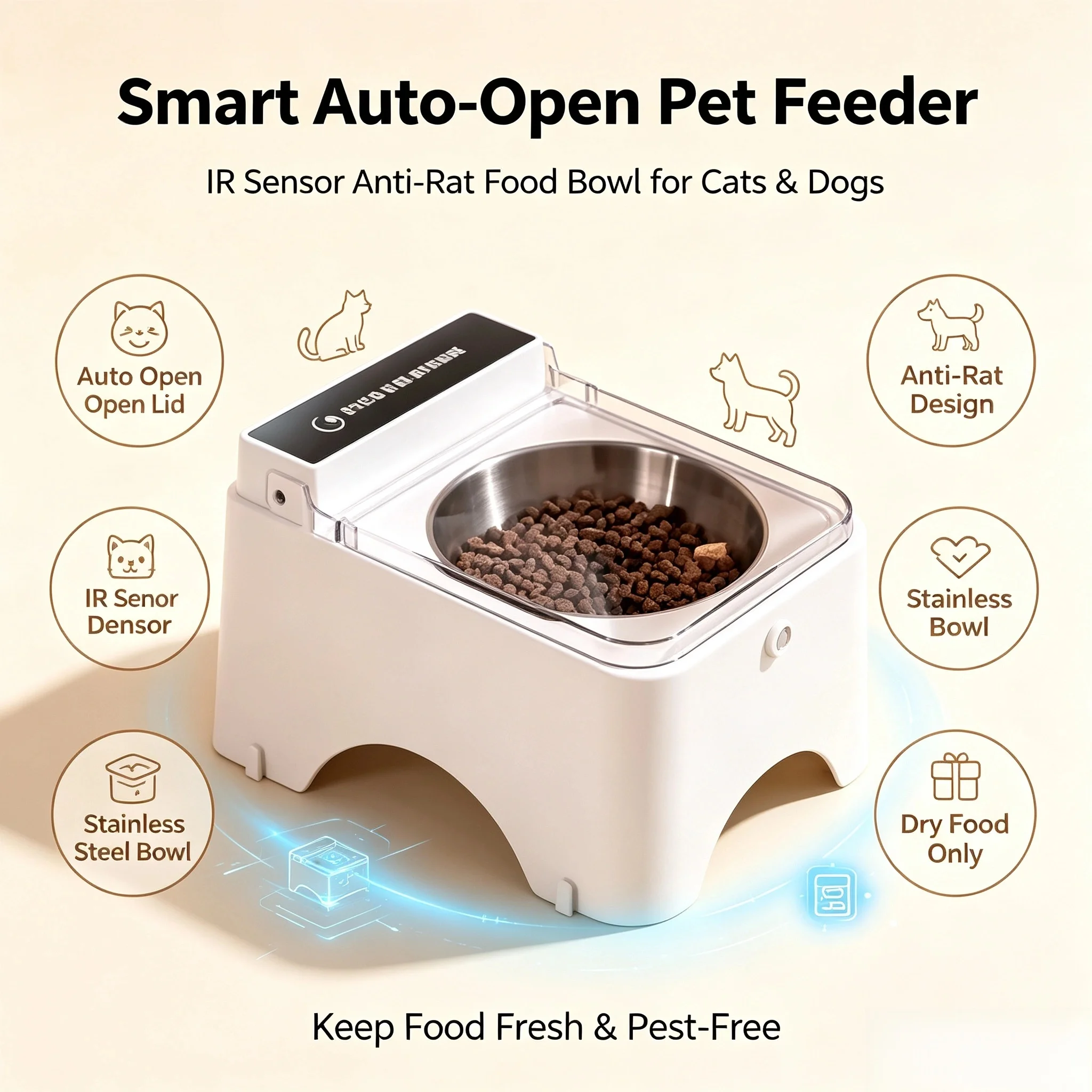 Infrared Sensor Auto Open Pet Feeder Anti-mouse Anti-insect Smart Cat Dog Food Dispenser Stainless Steel Bowl