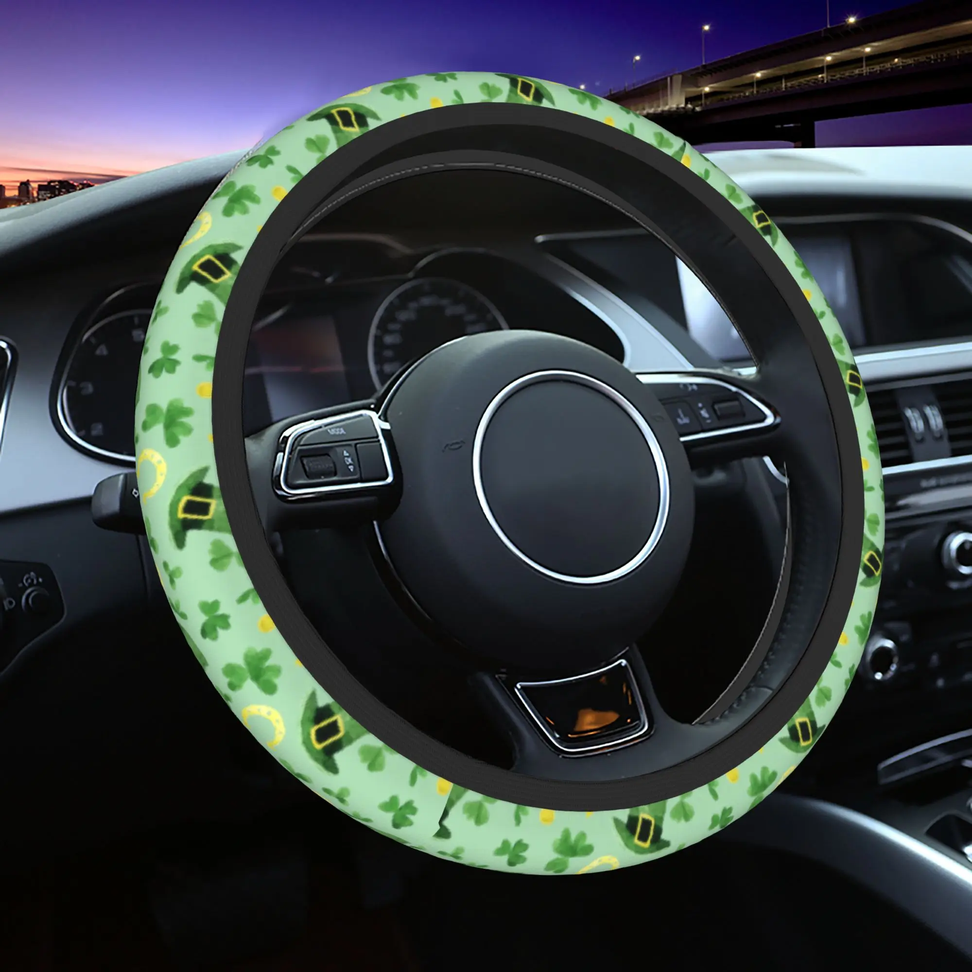 

Saint Patricks Day Four Leaf Clover Car Steering Wheel Cover 37-38 Non-slip Steering Wheel Protective Cover