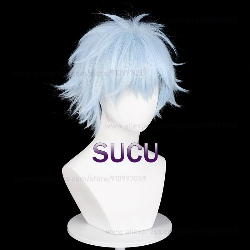 Anime Okazaki Shinichi Cosplay Wig 30cm Light Blue Hair Halloween Heat Resistant Synthetic Wigs + Wig Cap