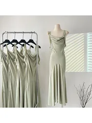 Woman Chiffon A-Line Dress Square Neck Bodycon Dress Off Shoulder Spaghetti Patchwork Strap Elegant Satin Dress Korean Robe