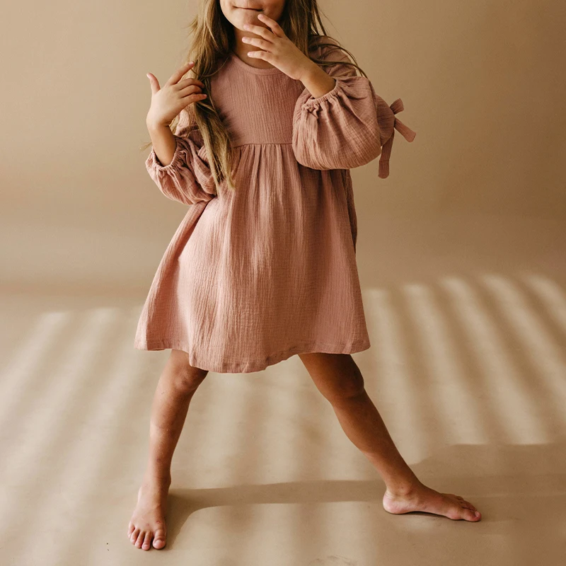 Chic Bow Long-Sleeved Round Neck Muslin Girls Dress 100% Cotton Double Crepe Baby Girl Autumn New Casual Loose Dresses