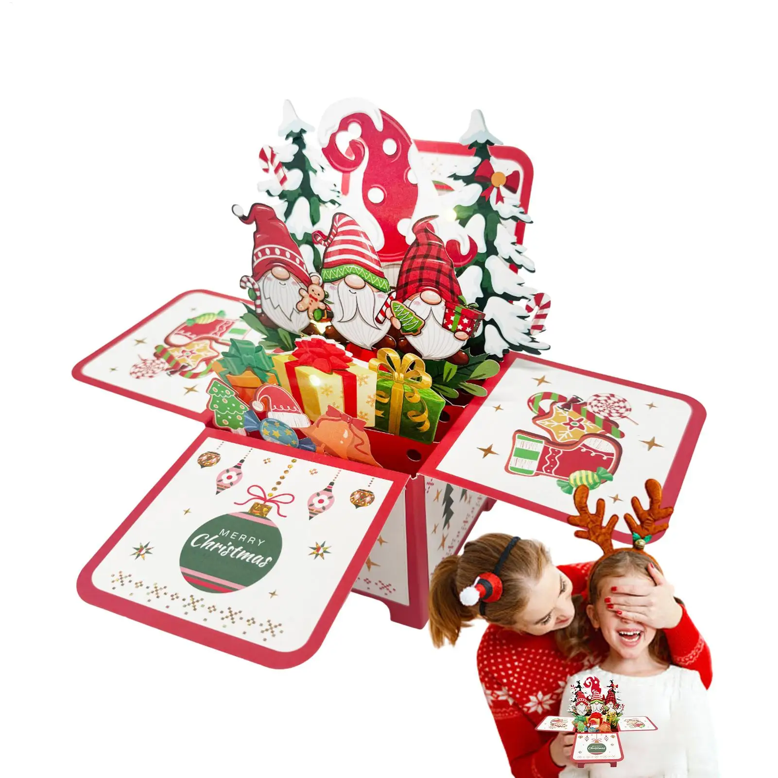 3D-Weihnachtskarten, Weihnachtszwergkarte mit Licht und Musik, Papier, frohe Weihnachtskarte für Kinder, Mädchen, Frauen, Männer