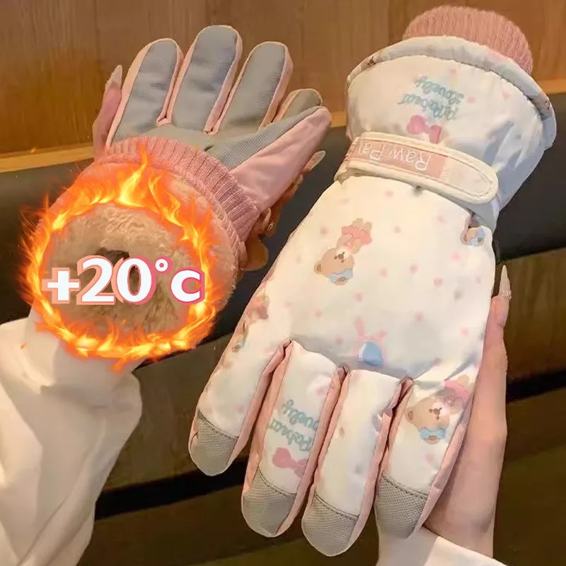 2025년 신상 겨울 터치스크린 스키 장갑 두꺼운 따뜻한 부드러운 장갑 방풍 방수 귀여운 핑크 곰 장갑 라이딩 장갑