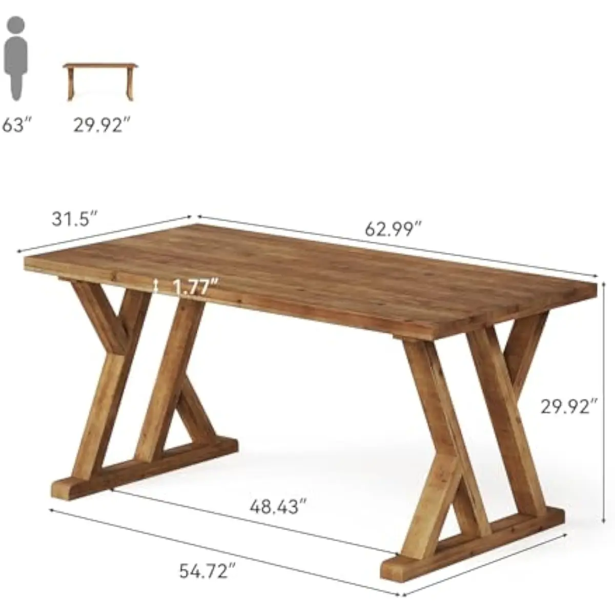 63 Inch Rustic Brown Solid Wood Desk with X Frame Support • Spacious 62.99 by 31.5 Inch Surface • Farmhouse Style Executive Work