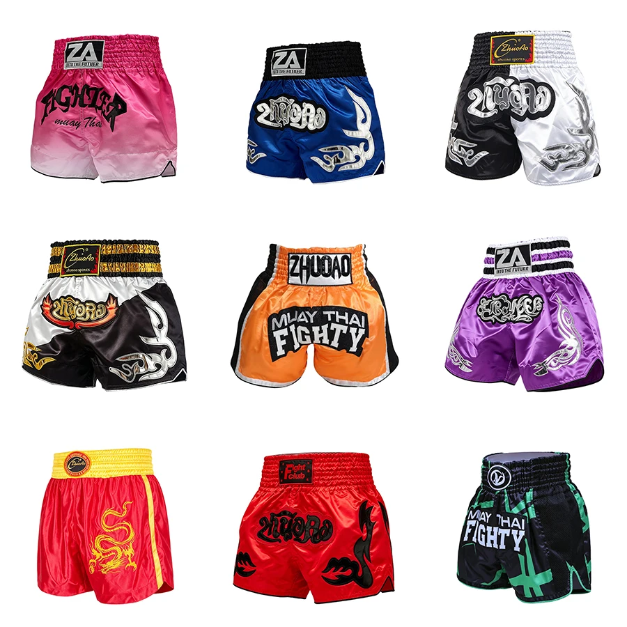 Traditional Thai Boxing Shorts Embroidery Satin Muay Thai Pants Men Women Kids Combat Martial Arts MMA Kickboxing Training Pants