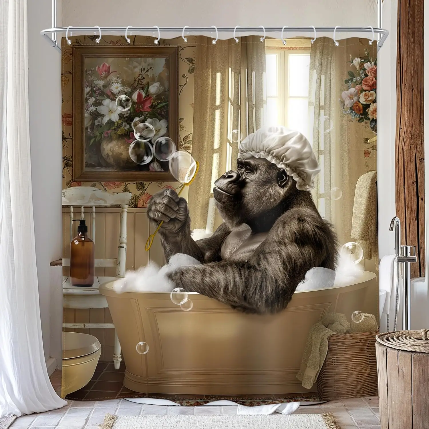 Funny Gorilla Blowing Bubbles Shower Curtain with Bath Cap in Bathtub Humorous Animal Print for Bathroom
