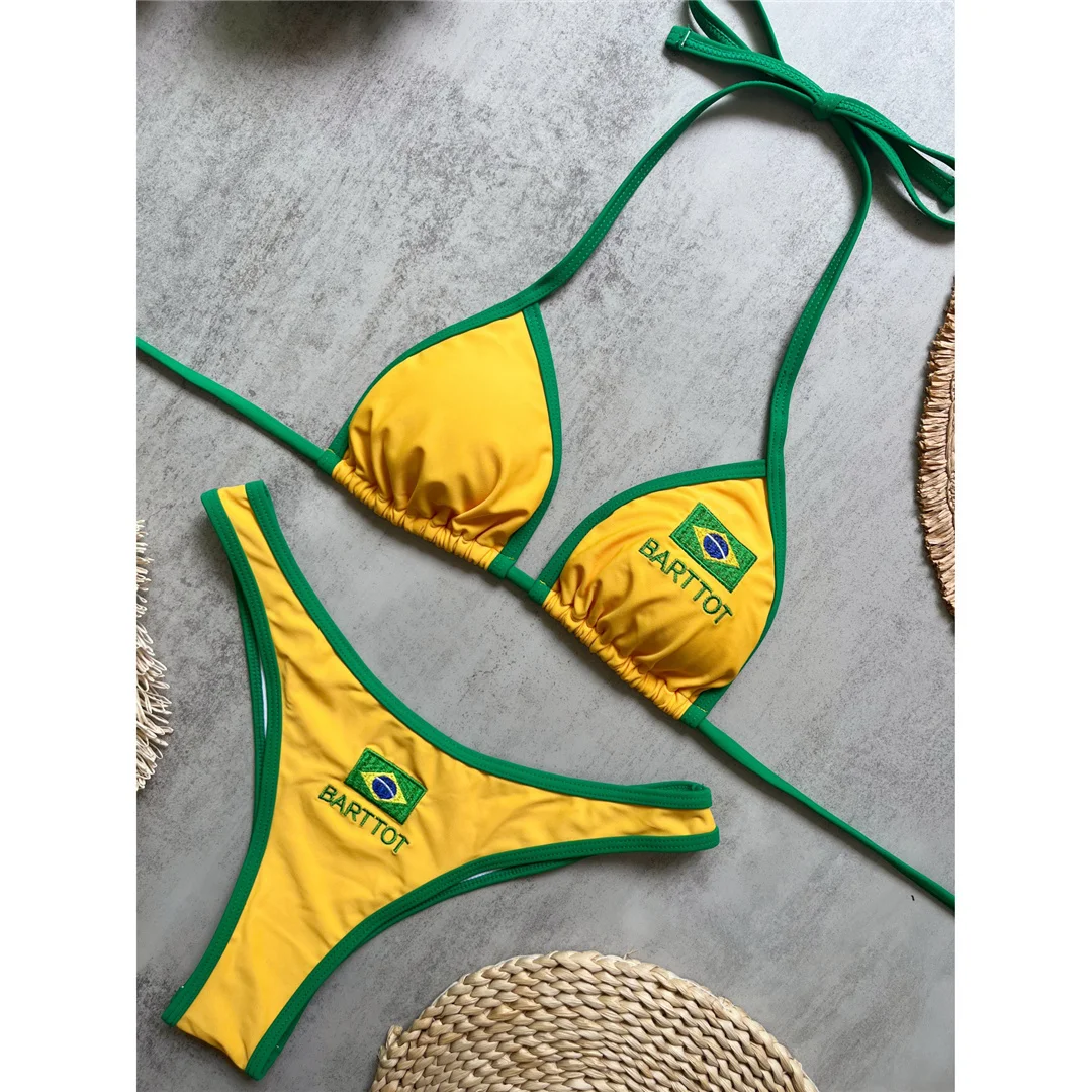 Badeanzug mit brasilianischer Flagge, Neckholder-Bikini, Damen-Badebekleidung, zweiteiliges Bikini-Set, hoher Beinausschnitt, Badeanzug, Schwimmanzug V8369 – Detail 5