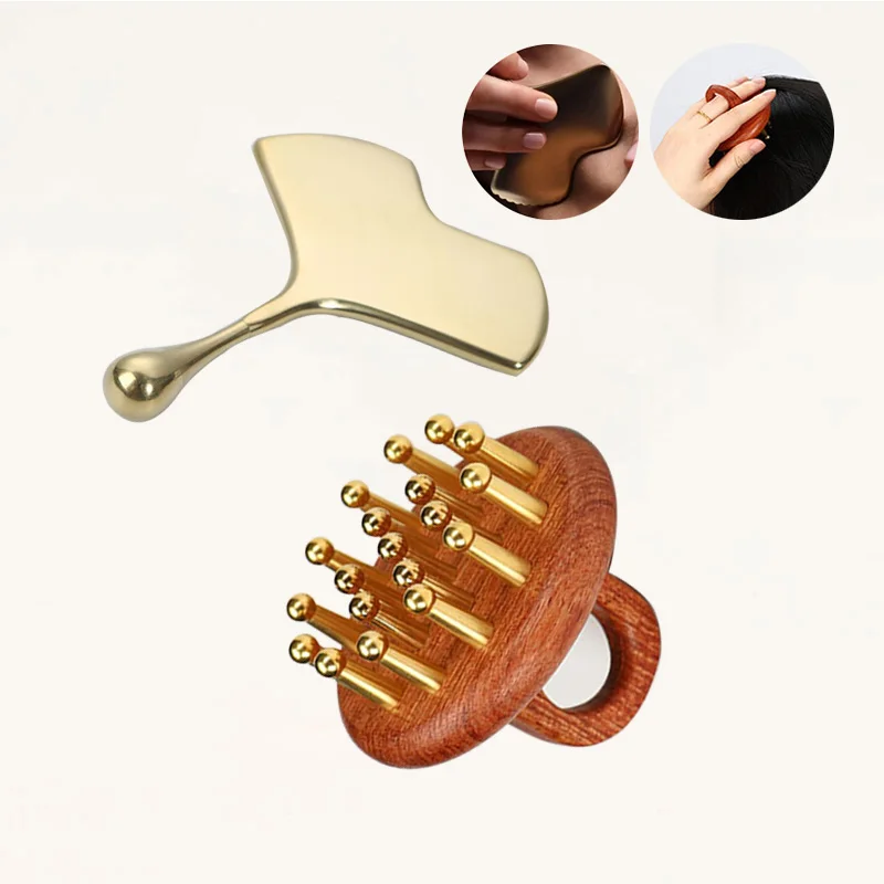 Hot Sale Price gua sha massage face guasha facial tool set logo custom Copper Brass wooden head hair scalp massager comb brush