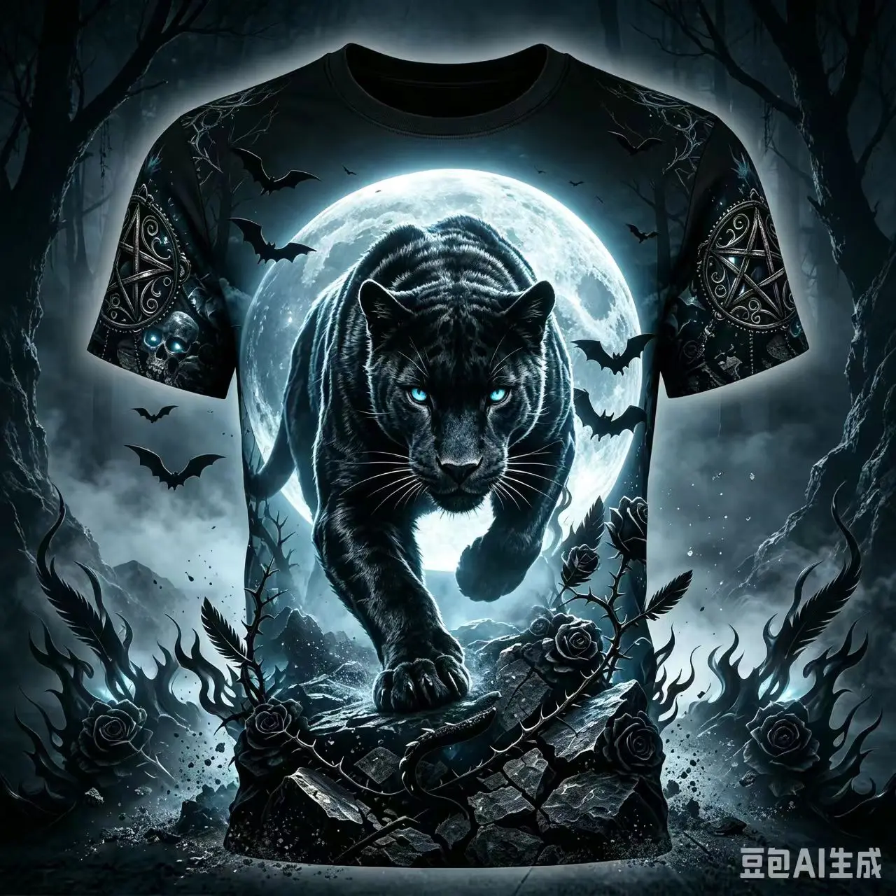 Men Gothic Dark T‑Shirt Bat Demon Pentagram Moon Cloud 3D Print Short Sleeve Crew Neck Streetwear Tops