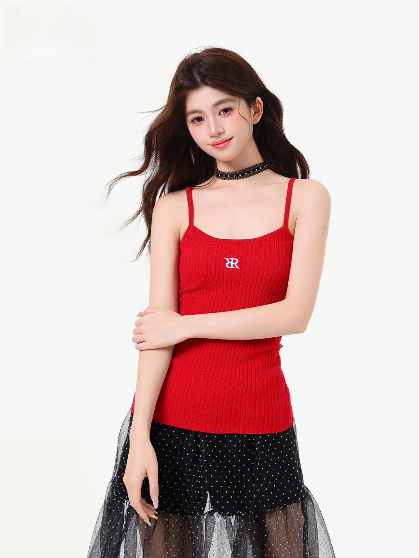 

Red Embroidered Letter Design Vest Strap Women's 2026 New Summer Slimming Stripe Base Shirt Top Fashion Versatile U-Neckline