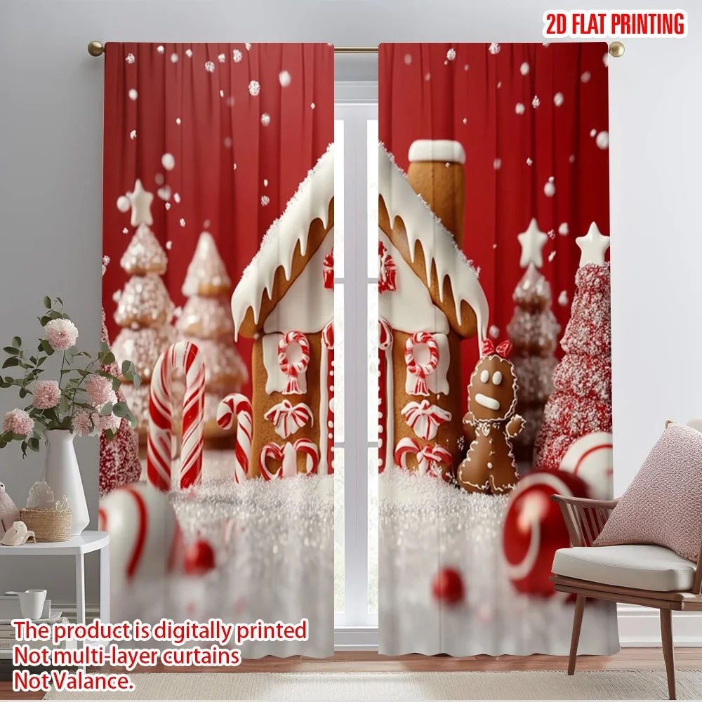 2pcs,2D plane printing Light Filtering Curtains Red Christmas Party Versatile Fabric (without rod) Decorations Inside Use for