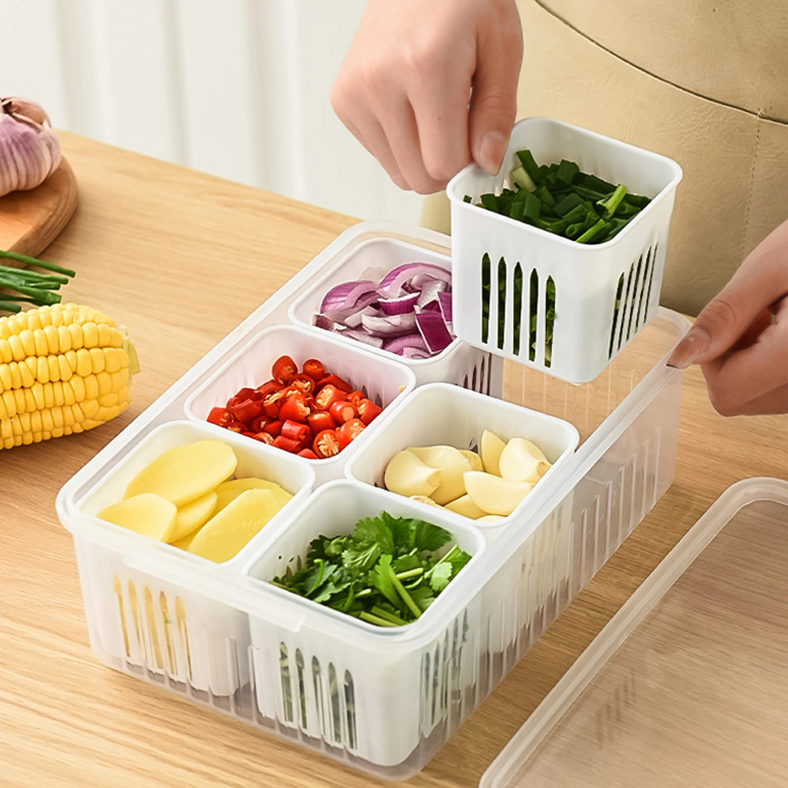 Fresh Produce Storage Container 6 Compartment Vegetable Fruit Keeper Airtight Drain Garlic Onion Box Refrigerator Food