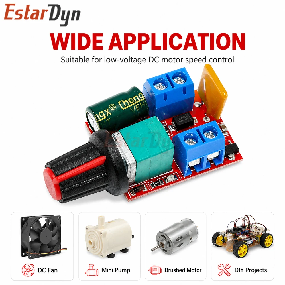Estardyn 5A 90W PWM DC Motor Speed Controller 4.5V-35V 12V 24V Wide Voltage Adjustable Module