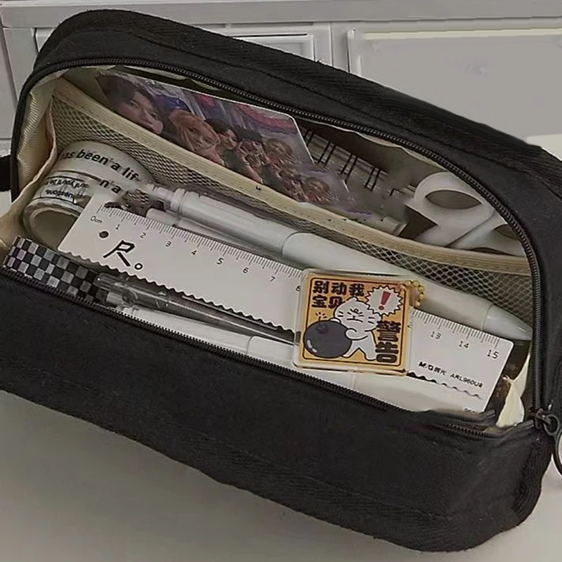 Multifuncional Monocromático Canvas Pencil Case, alta Capacidade Papelaria Storage Bag, Material Escolar, Simplicidade