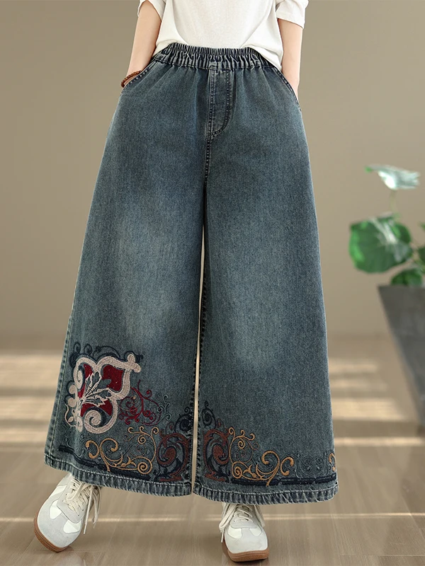 

Retro Embroidered Heavy Duty Elastic Waist Denim Wide Leg Pants Women's New 2026 Summer Loose Casual Nine-Piece Pants