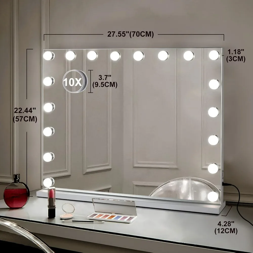 Vanity Mirror with Lights, 28 X 22 Inch Large Makeup Mirror with 18 Dimmable Bulbs, 3 Color Modes and Touch Control