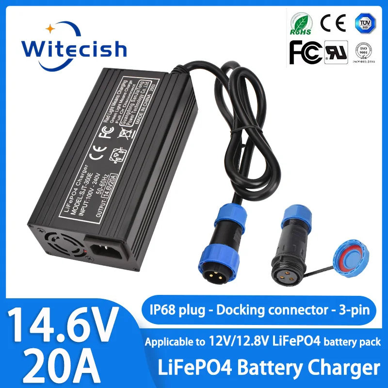 

14.6V 20A Lifepo4 Battery Charger 100-220V 4S 12V12.8V fast Charger For Lithium iron Phosphate Battery With IP68 waterproof plug