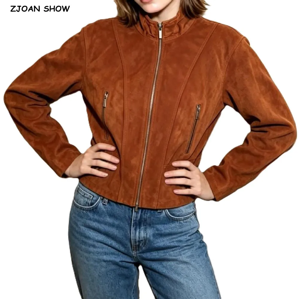 American Retro Women Vintage Stand Collar Suede Jacket Faux Leather Long Sleeve Biker Coat Zipper Up Short Outerwear