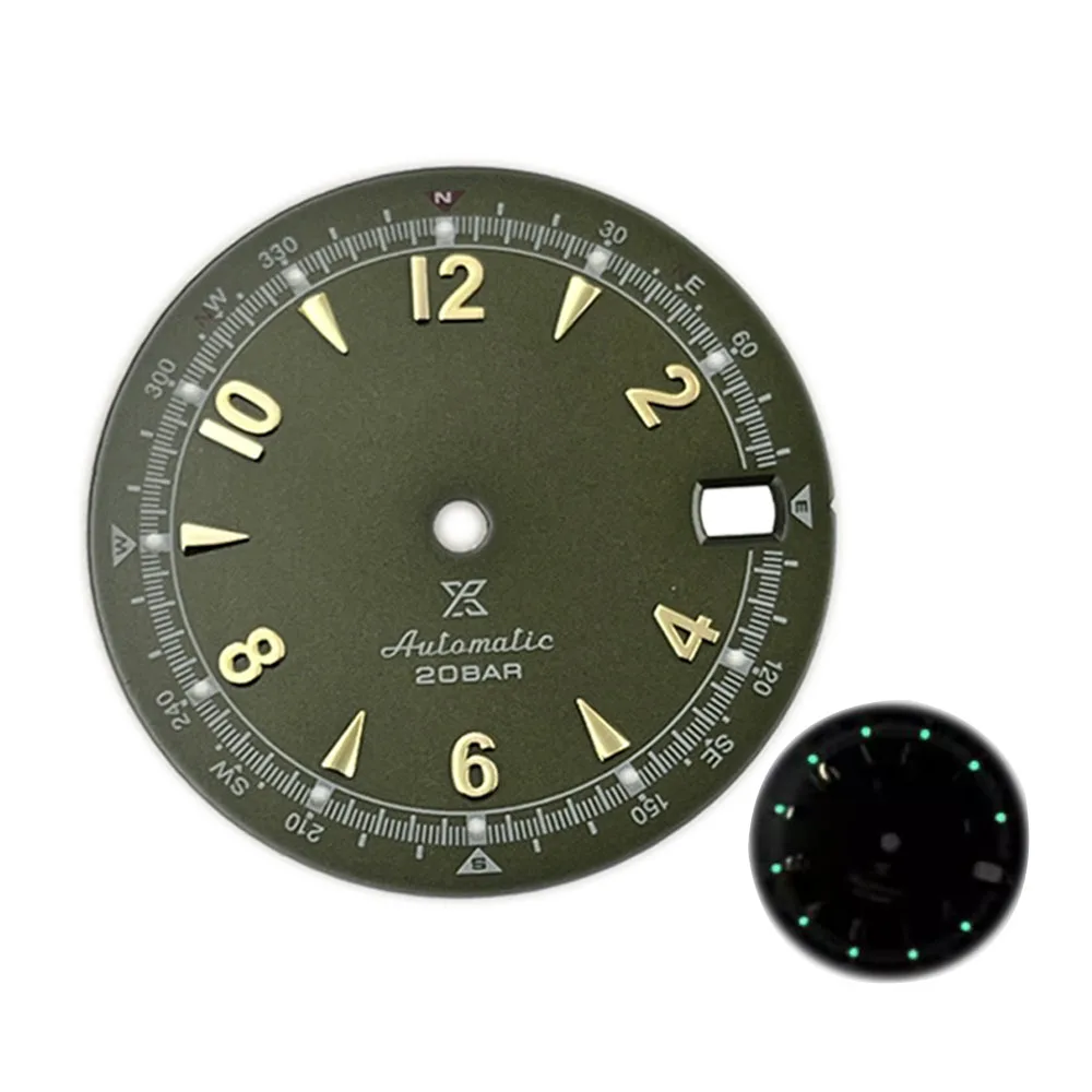 White/Black/Army Green Watch Dial 28.5mm Green Luminous Retro Dial Metal Watch Face for NH35 Movement