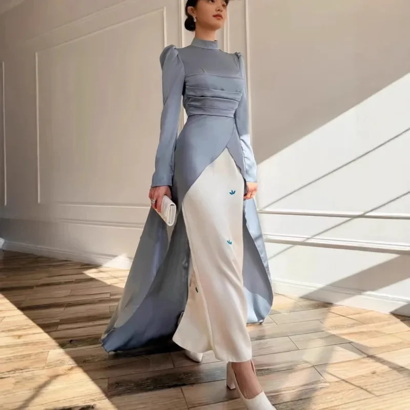 

Elegant Two Tone Floor Length Dress With Train Slim-Fit Modest Long Sleeve Gown Chic Women’s Classy Party Wedding Guest Dresses