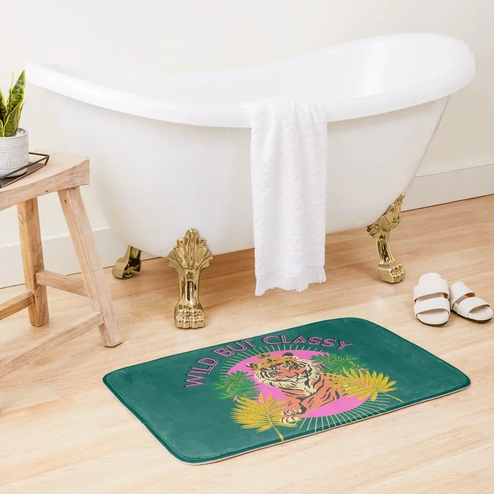 

Wild but classy Tiger with crown and tropical leaves hot pink and dark green Bath Mat House Entrance Mat