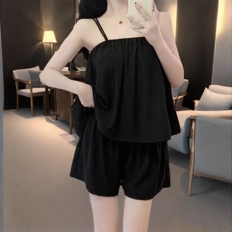 Lady Simple Plain Colour Padding Pajama Sets Summer Girl Suitable Sleeveless Sling Pajama 2pcs Women Fashion Camisole Loungewear