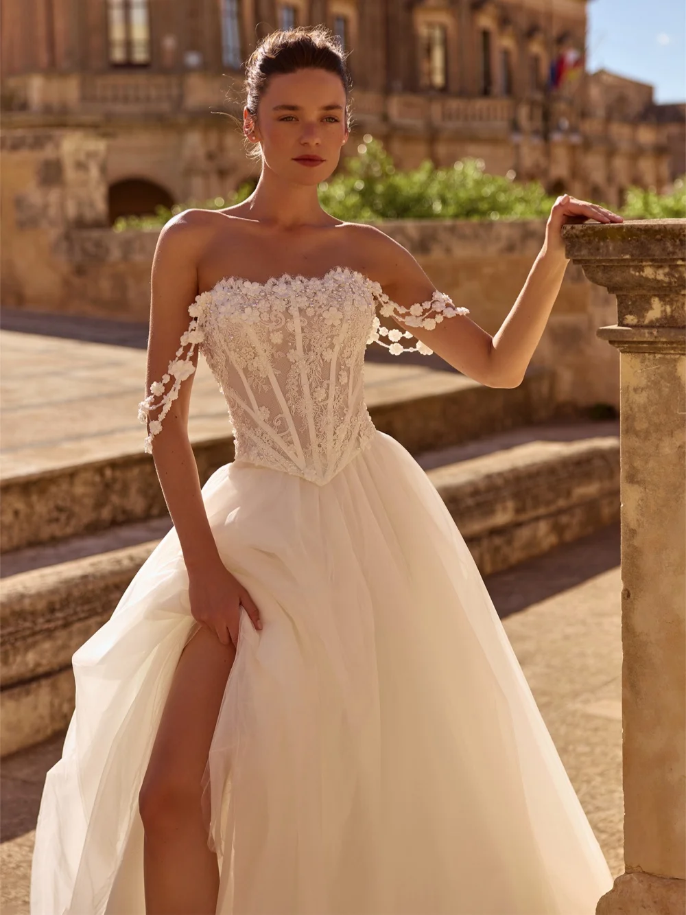 Shinny Pearls 3D Floral Wedding Dress With Corset Strapless Long Bridal Gown Customized Ivory A-line Tulle Dresses For Bride
