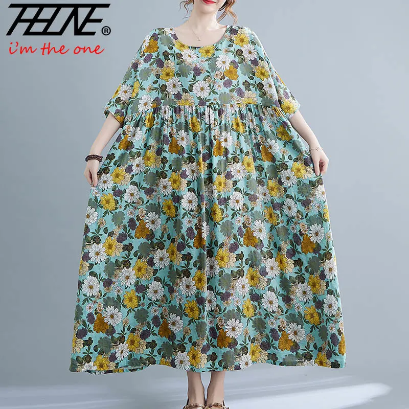 Summer Floral Beach Dress for Women Robe Oversized Loose Long Casual Korean Cotton Woman Ladies Print Dresses Vestido Feminino