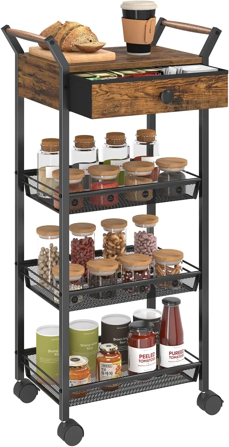

5-Tier Rolling Cart with Drawer, Lockable Wheels for Kitchen Pantry Organizer, Rustic Brown
