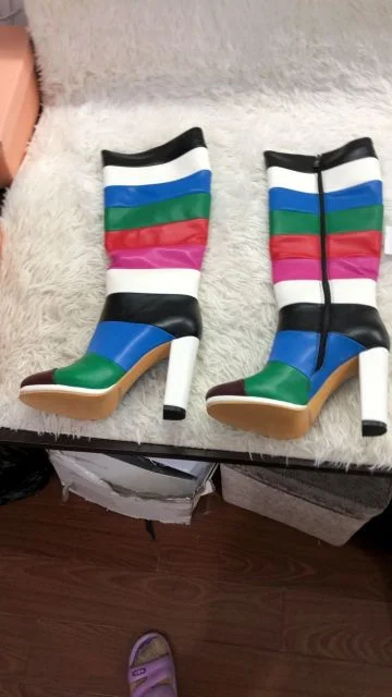 Mixed Color Stripes High Block Heels Knee High Boots Round Toe Side Zipper Fashion Women's Winter Boots New Arrivals