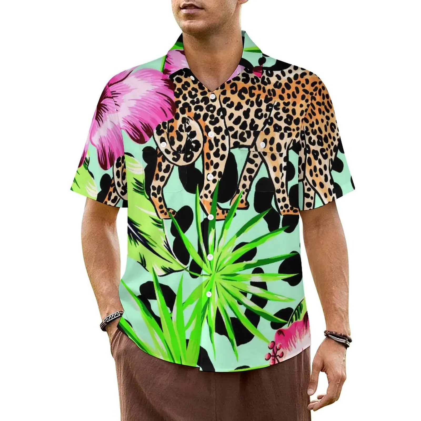 

Hawaiian Shirt Beach Cheetah Blouses Leaf Flowers Print Novelty Casual Shirts Men Short Sleeve Harajuku Oversized Clothes