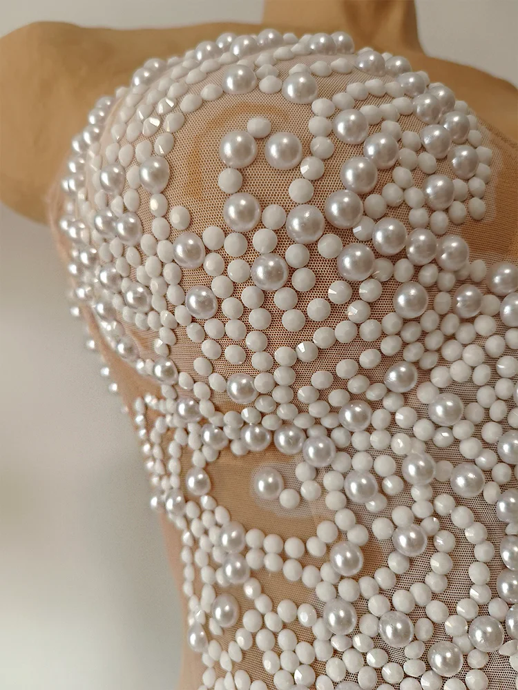 New Women Event Costume White Pearls Long Dress Drag Queens Stage Costumes Show Girl Singer Birthday Prom Party Wedding Clothes