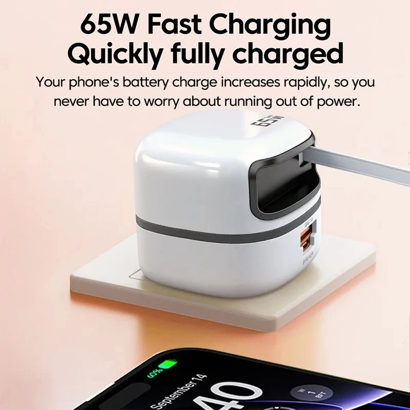 New 65W Charger with Retractable Cable 3- port Fast Charging Charger with Foldable Pin Original Table Chargers 2025