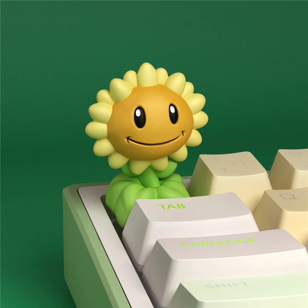 3D Fantasy PVC Keycaps - Sunflower & Peashooter Shapes, Vivid Design, Durable & Light, MX-Compatible for Gaming Keyboards