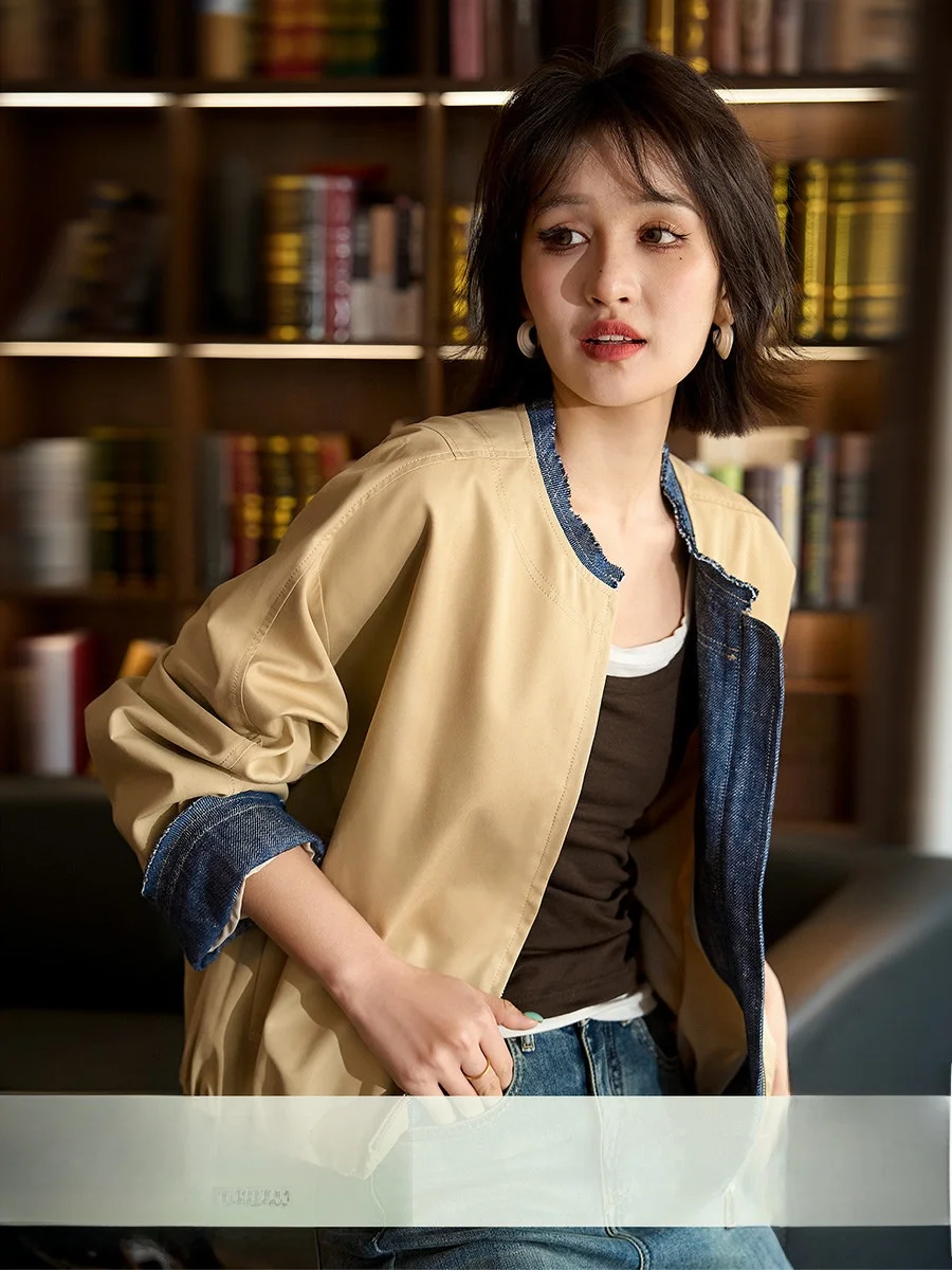 

Женская укороченная куртка Xhange свободного кроя с цветочным принтом, водоотталкивающая, повседневная, весна 2026, с круглым вырезом