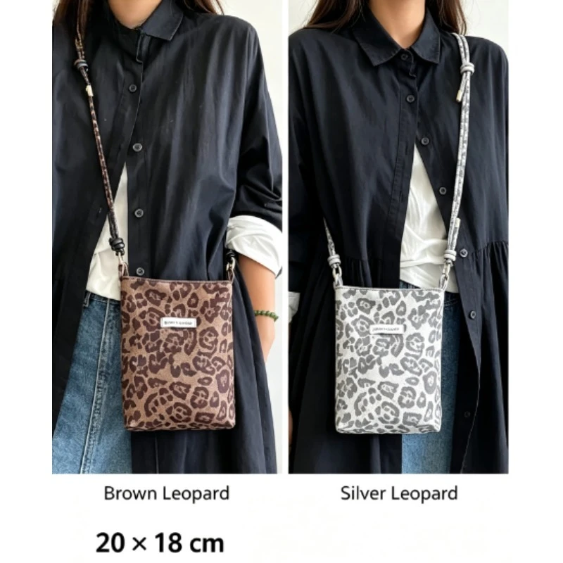 Women Girls Mini Leopard Print Canvas Phone Bag Adjustable Shoulder Strap Versatile Fashion Casual Crossbody Messenger Handbag