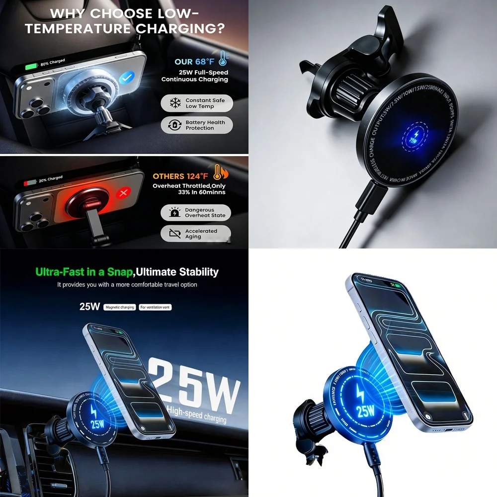 Car Wireless Charging Mount 25W Magnetic Vent Ball 360 Rotation Stable Fast Charge for iPhone 17 16 Samsung S26 S25 Galaxy Ultra