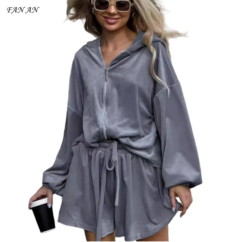 

Autumn Winter Women's Gold Velvet Solid Color Hoodie Long Sleeve Coat Top Loose Shorts Casual Fashion Commuter Two Piece Set