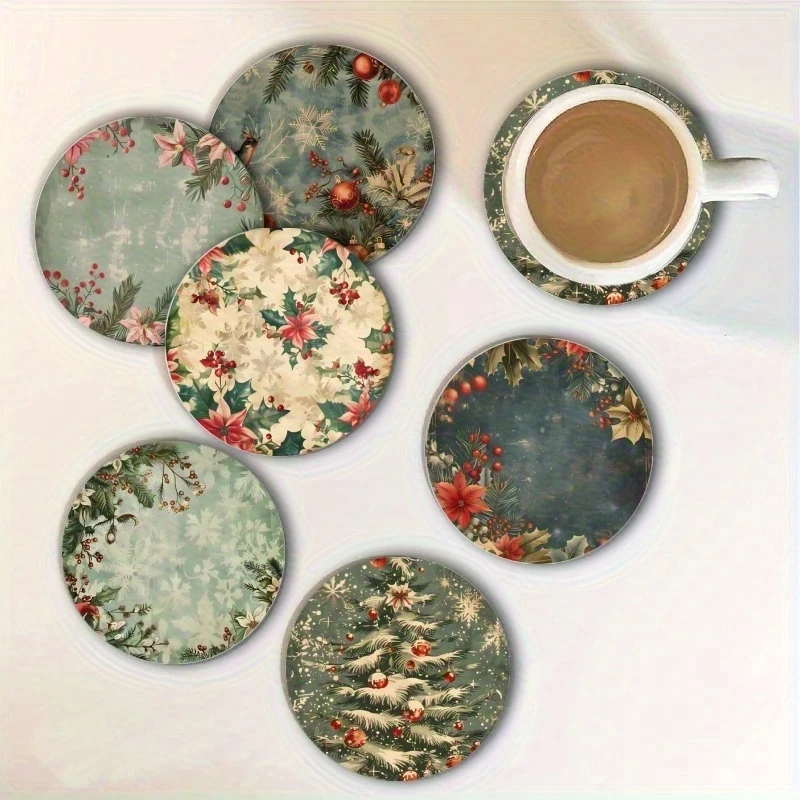 2D Vintage Christmas Decorative Mat 4in Wooden Round Coaster Winter Plants Christmas Tree Art Tableware Mat Christmas Decora