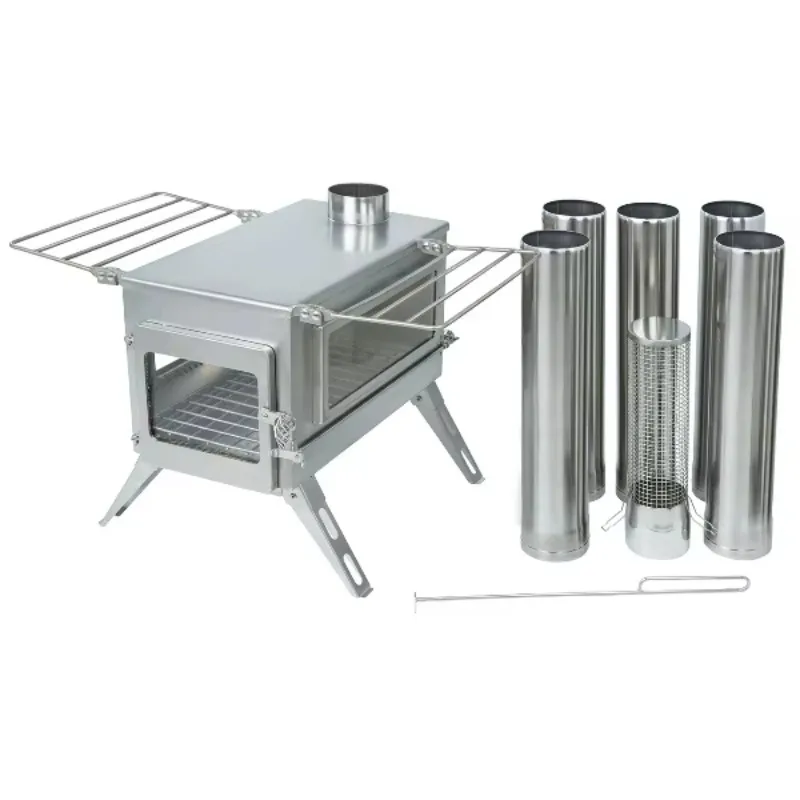 Fogão portátil patenteado Nomad PLUS com visão dupla tamanho L para barraca de queima de madeira com entrada de ar externa e combustão secundária