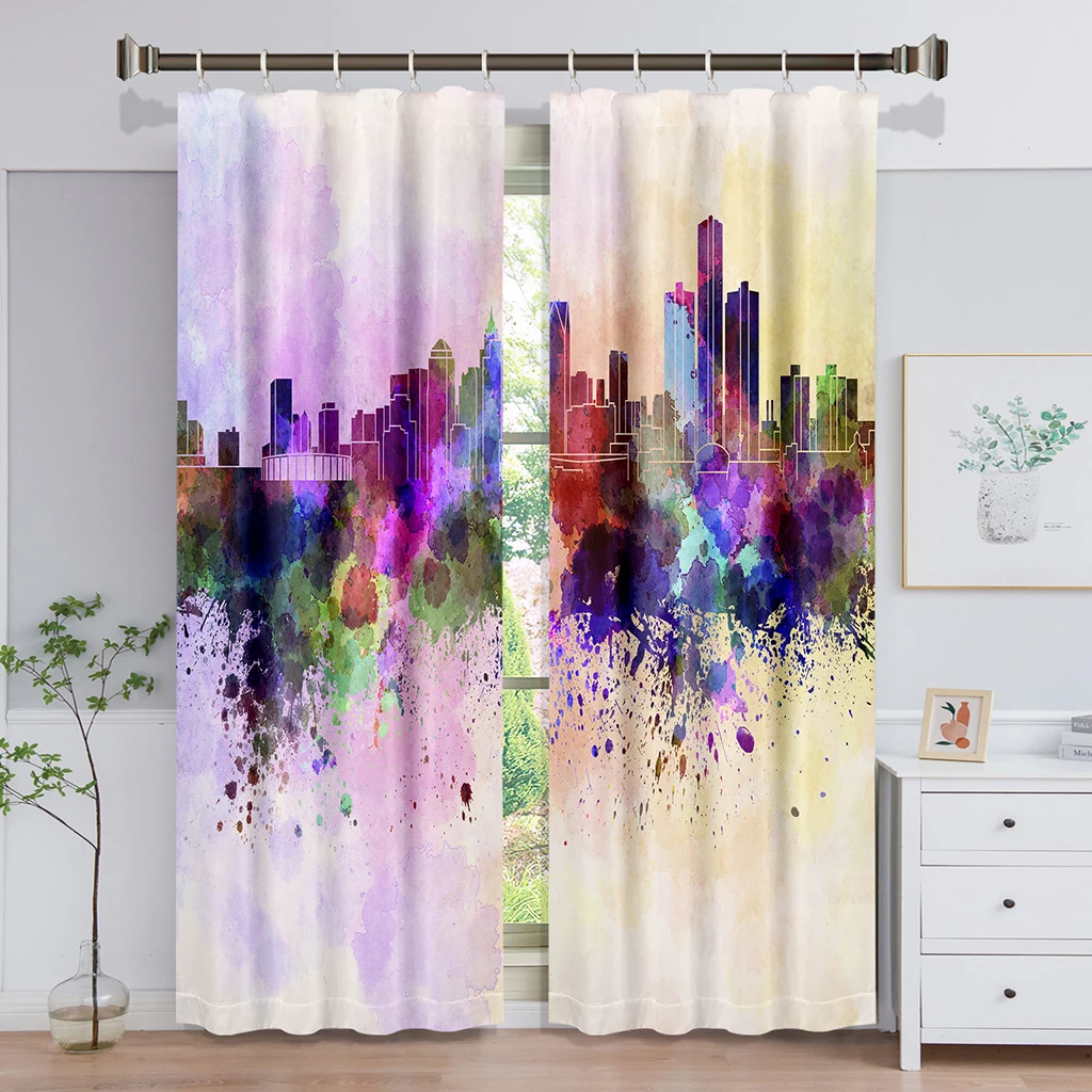 2Pcs 3D Watercolor Urban Landscape Curtain Window Curtains For Living Room Kitchen Modern Window Treatments Curtains Cortains