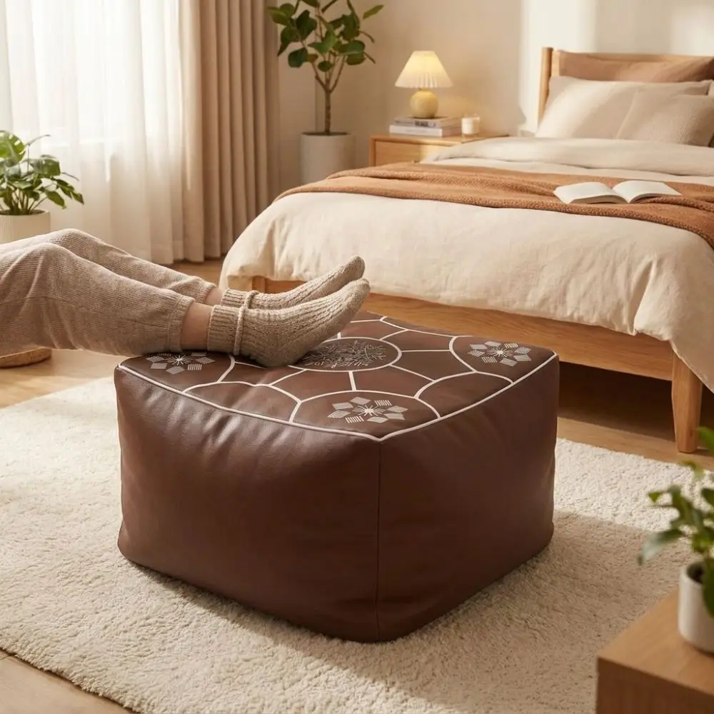 PU Leather Footstool Cover Unstuffed Large Capacity Storage Bag Moroccan Style Waterproof Seat Cushion Cover Clothes Storage